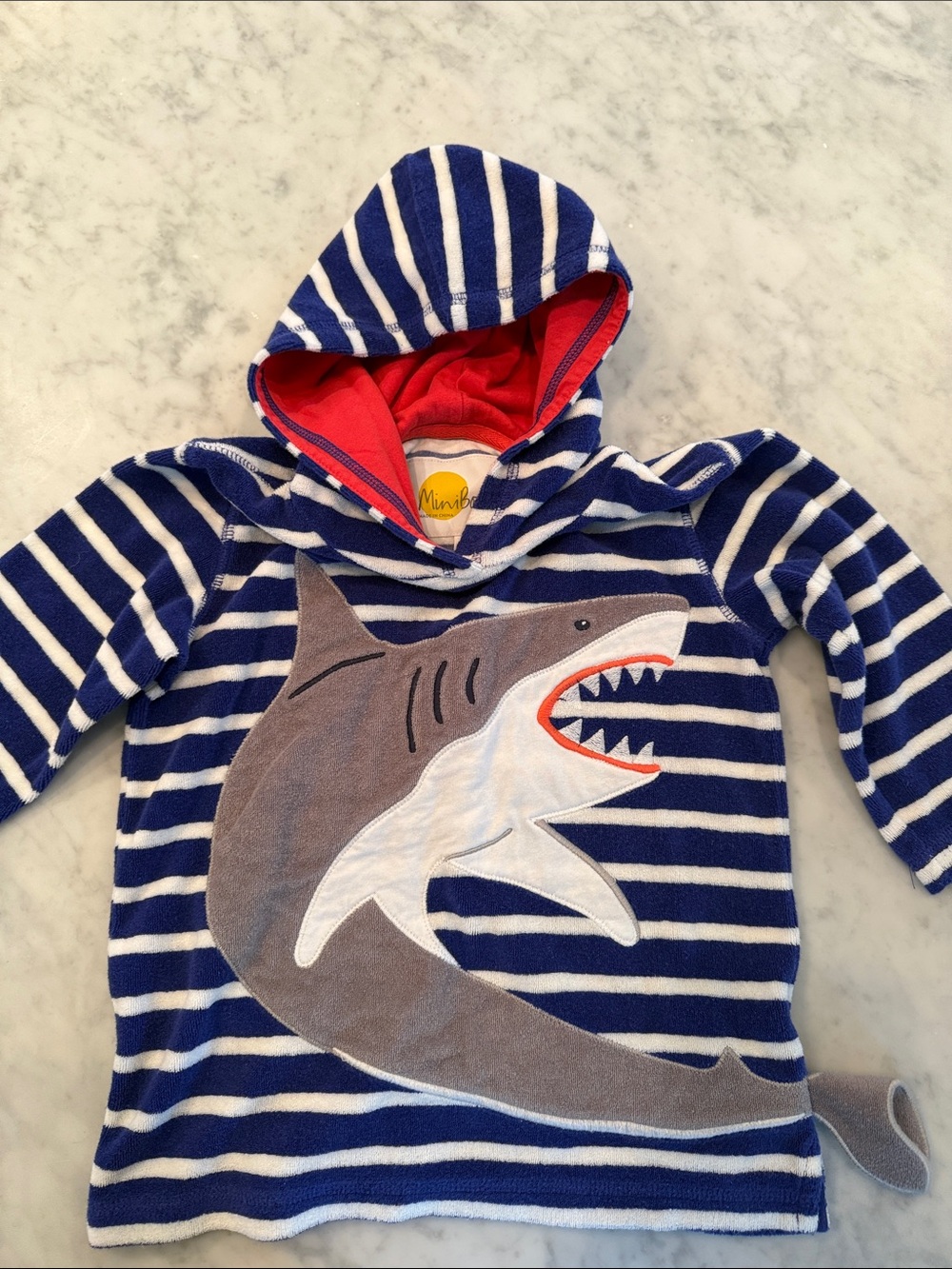 Mini Boden navy & white striped shark hoodie with red hood lining